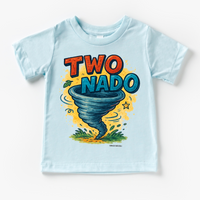 Two Nado Tornado Birthday design on a blue garment.