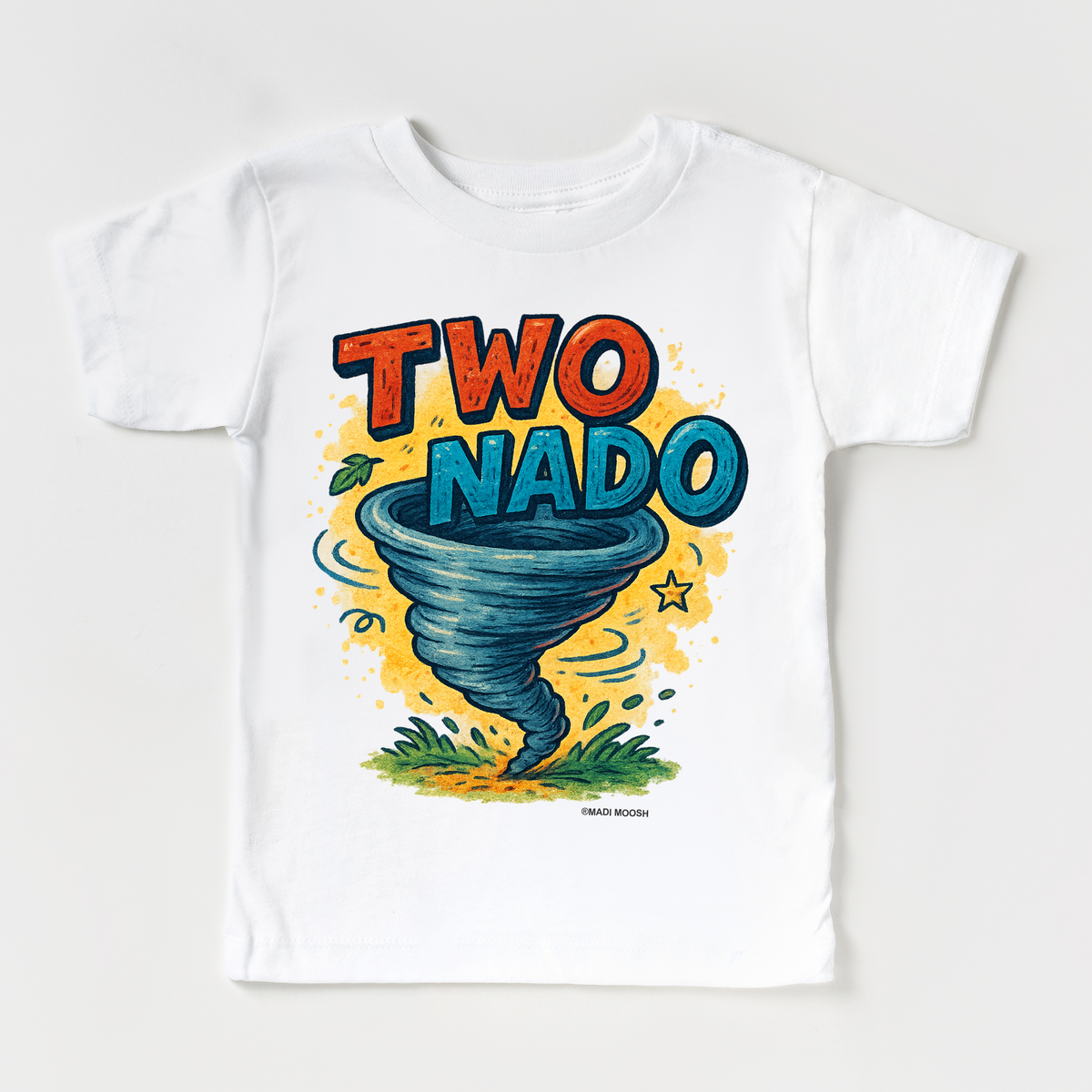 Two Nado Tornado Birthday design on a white garment.