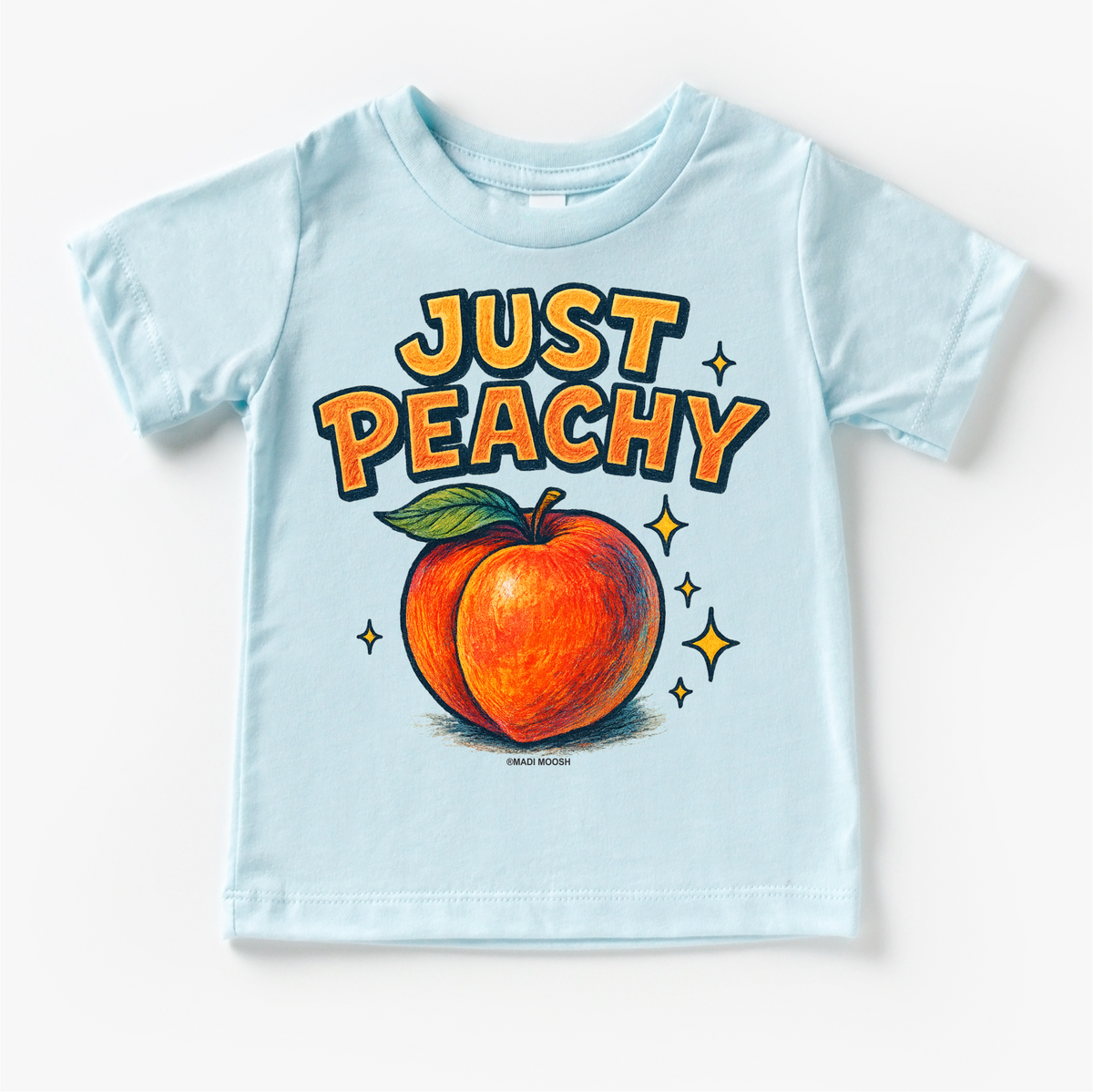 Just Peachy Fruit design on a blue garment.
