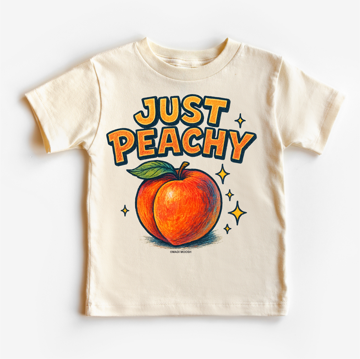 Just Peachy Fruit, Food Pun graphic T-shirt by Madi Moosh