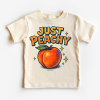 Just Peachy Fruit, Food Pun graphic T-shirt by Madi Moosh