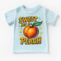 Sweet As A Peach Fruit design on a blue garment.