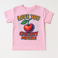 Love you Cherry Much Fruit design on a pink garment.