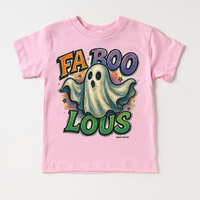 Fab Boo Lous Halloween design on a pink garment.
