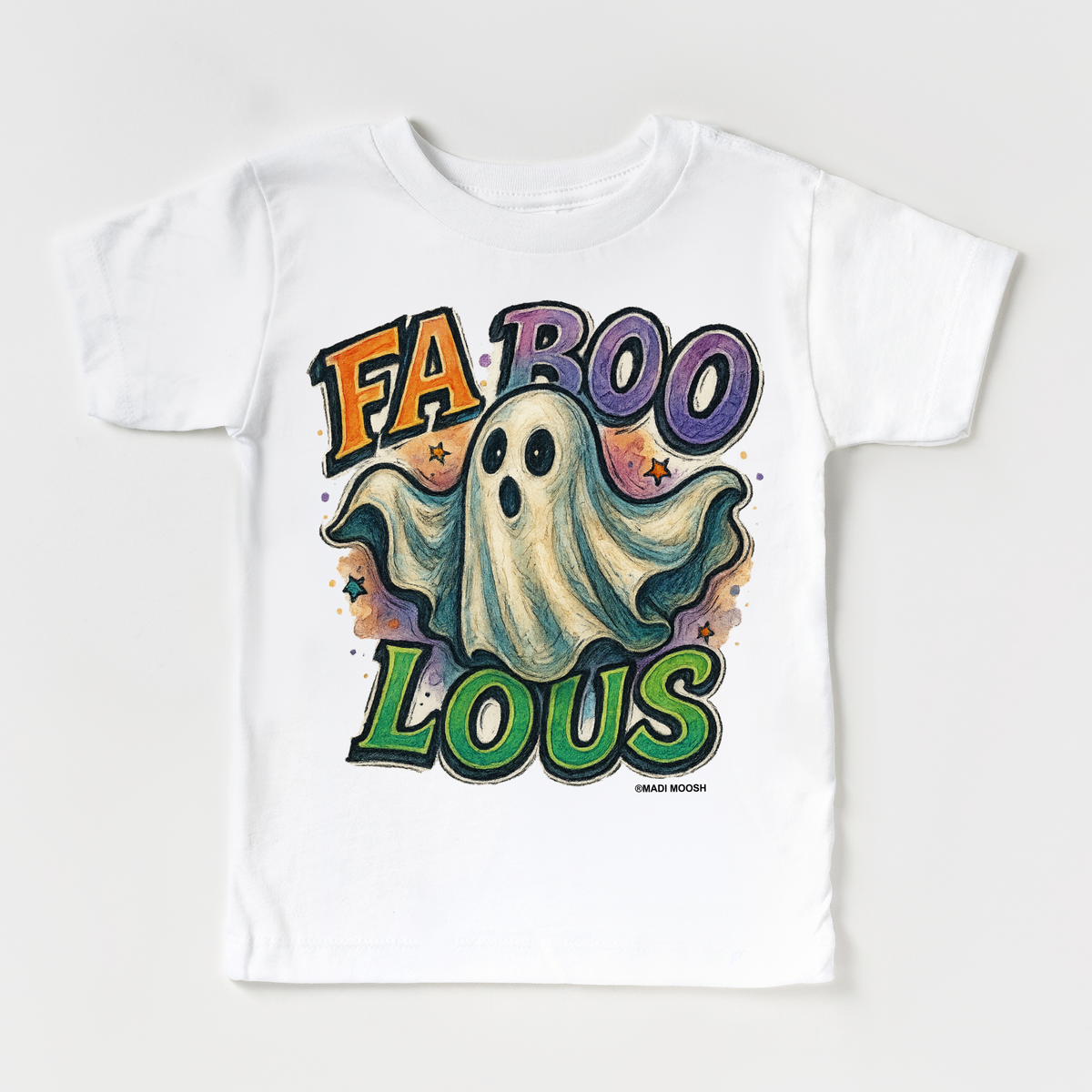 Fab Boo Lous Halloween design on a white garment.