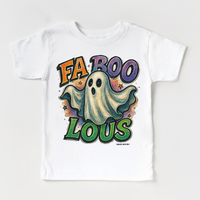 Fab Boo Lous Halloween design on a white garment.