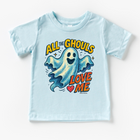 All The Ghouls Love Me Halloween design on a blue garment.