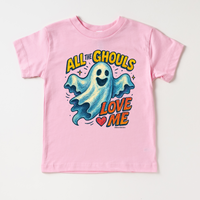 All The Ghouls Love Me Halloween design on a pink garment.