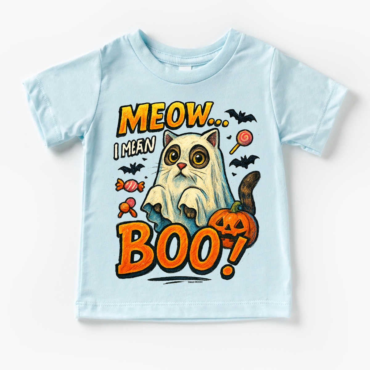 Meow.. I Mean Boo Halloween Cat design on a blue garment.