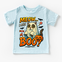 Meow.. I Mean Boo Halloween Cat design on a blue garment.