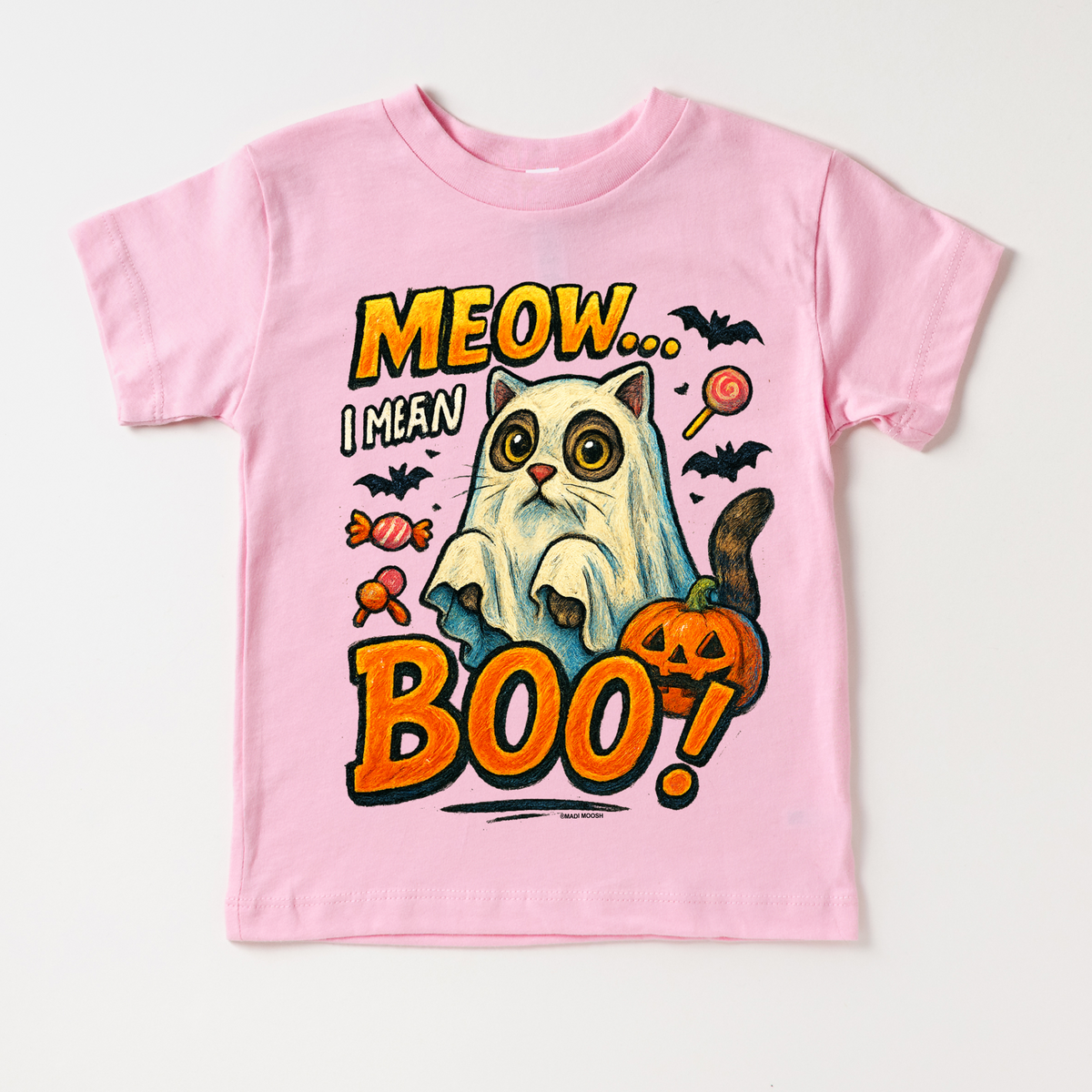 Meow.. I Mean Boo Halloween Cat design on a pink garment.