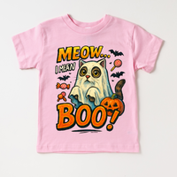 Meow.. I Mean Boo Halloween Cat design on a pink garment.