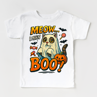 Meow.. I Mean Boo Halloween Cat design on a white garment.