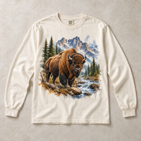 Ivory Comfort Colors long-sleeve T-shirt with Bison Mountain graphic, front flat lay