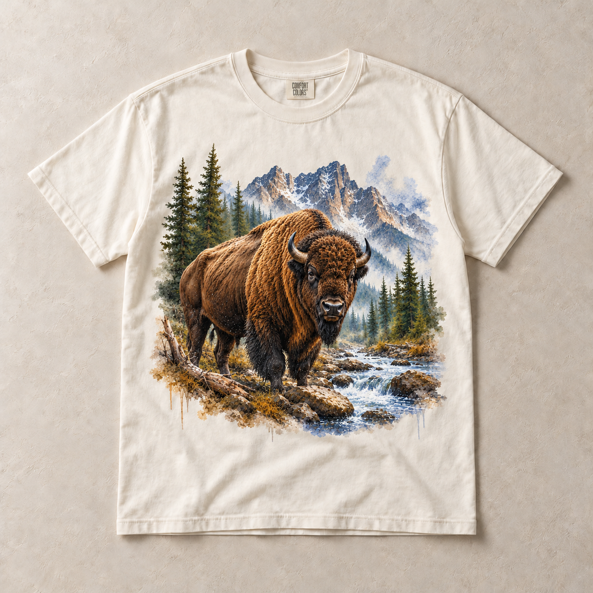 Ivory Comfort Colors short-sleeve T-shirt with Bison Mountain graphic, front flat lay