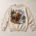 Sand Gildan crewneck sweatshirt with Bison Mountain graphic, front flat lay