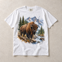 White Comfort Colors short-sleeve T-shirt with Bison Mountain graphic, front flat lay