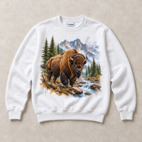 White Gildan crewneck sweatshirt with Bison Mountain graphic, front flat lay