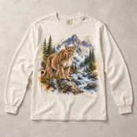 Ivory Comfort Colors long-sleeve T-shirt with Cougar Mountain graphic, front flat lay