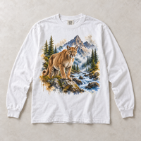 White Comfort Colors long-sleeve T-shirt with Cougar Mountain graphic, front flat lay