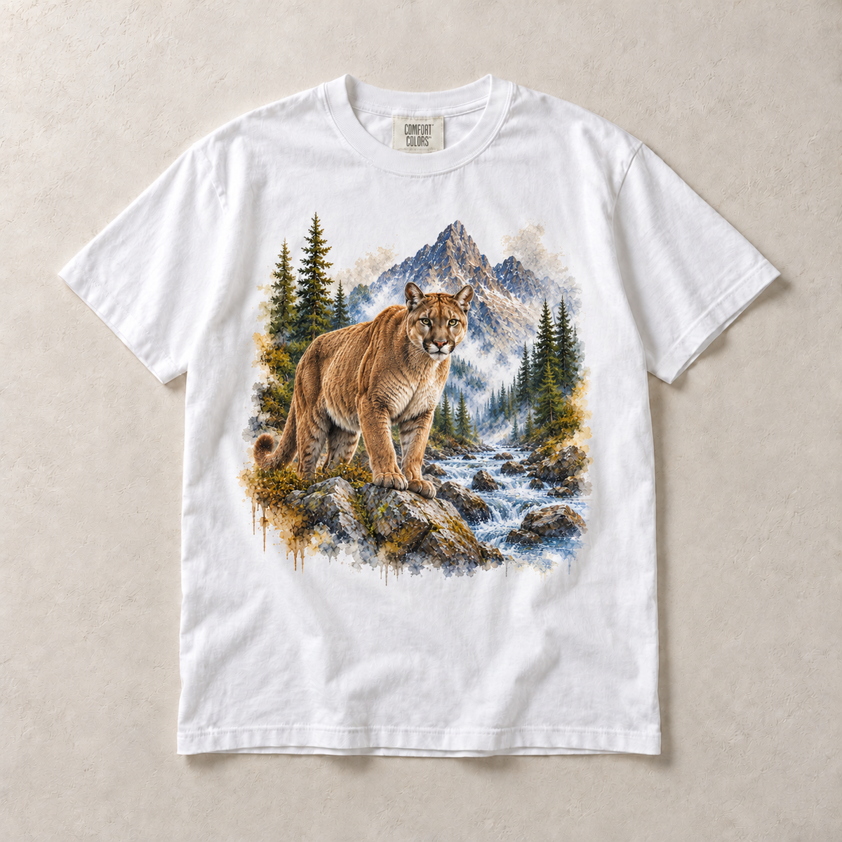 White Comfort Colors short-sleeve T-shirt with Cougar Mountain graphic, front flat lay