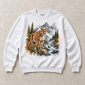 White Gildan crewneck sweatshirt with Cougar Mountain graphic, front flat lay