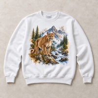 White Gildan crewneck sweatshirt with Cougar Mountain graphic, front flat lay