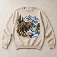Sand Gildan crewneck sweatshirt with Bald Eagle Mountain graphic, front flat lay