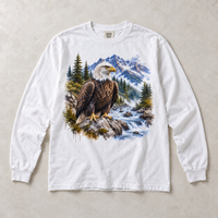 White Comfort Colors long-sleeve T-shirt with Bald Eagle Mountain graphic, front flat lay