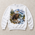 White Gildan crewneck sweatshirt with Bald Eagle Mountain graphic, front flat lay
