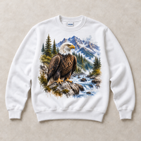 White Gildan crewneck sweatshirt with Bald Eagle Mountain graphic, front flat lay