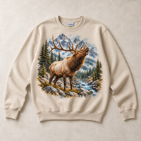 Sand Gildan crewneck sweatshirt with Elk Mountain graphic, front flat lay