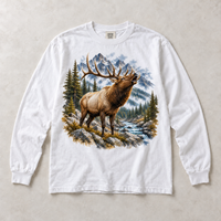 White Comfort Colors long-sleeve T-shirt with Elk Mountain graphic, front flat lay