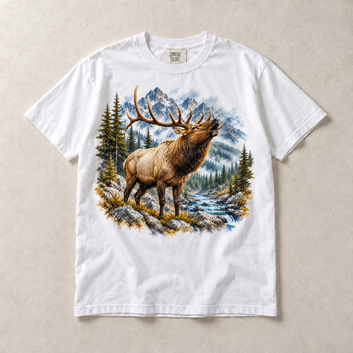 White Comfort Colors short-sleeve T-shirt with Elk Mountain graphic, front flat lay