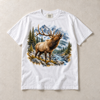 White Comfort Colors short-sleeve T-shirt with Elk Mountain graphic, front flat lay