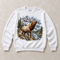 White Gildan crewneck sweatshirt with Elk Mountain graphic, front flat lay