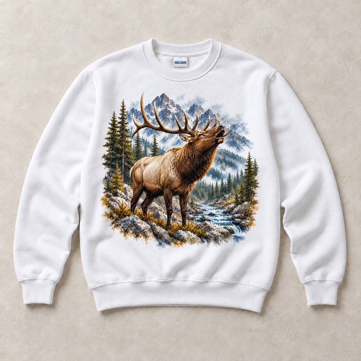 White Gildan crewneck sweatshirt with Elk Mountain graphic, front flat lay