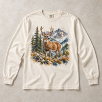 Ivory Comfort Colors long-sleeve T-shirt with Deer Mountain graphic, front flat lay
