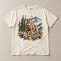 Ivory Comfort Colors short-sleeve T-shirt with Deer Mountain graphic, front flat lay