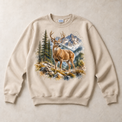 Sand Gildan crewneck sweatshirt with Deer Mountain graphic, front flat lay