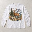 White Comfort Colors long-sleeve T-shirt with Deer Mountain graphic, front flat lay