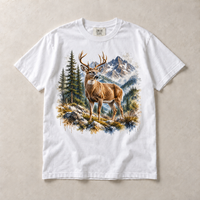 White Comfort Colors short-sleeve T-shirt with Deer Mountain graphic, front flat lay
