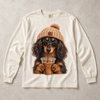 Ivory Comfort Colors long-sleeve T-shirt with Long Haired Dachshund Iced Coffee graphic, front flat lay