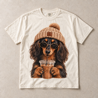 Ivory Comfort Colors short-sleeve T-shirt with Long Haired Dachshund Iced Coffee graphic, front flat lay