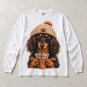 White Comfort Colors long-sleeve T-shirt with Long Haired Dachshund Iced Coffee graphic, front flat lay