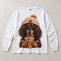 White Comfort Colors long-sleeve T-shirt with Long Haired Dachshund Iced Coffee graphic, front flat lay