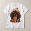 White Comfort Colors short-sleeve T-shirt with Long Haired Dachshund Iced Coffee graphic, front flat lay