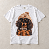 White Comfort Colors short-sleeve T-shirt with Long Haired Dachshund Iced Coffee graphic, front flat lay