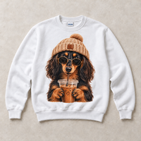 White Gildan crewneck sweatshirt with Long Haired Dachshund Iced Coffee graphic, front flat lay