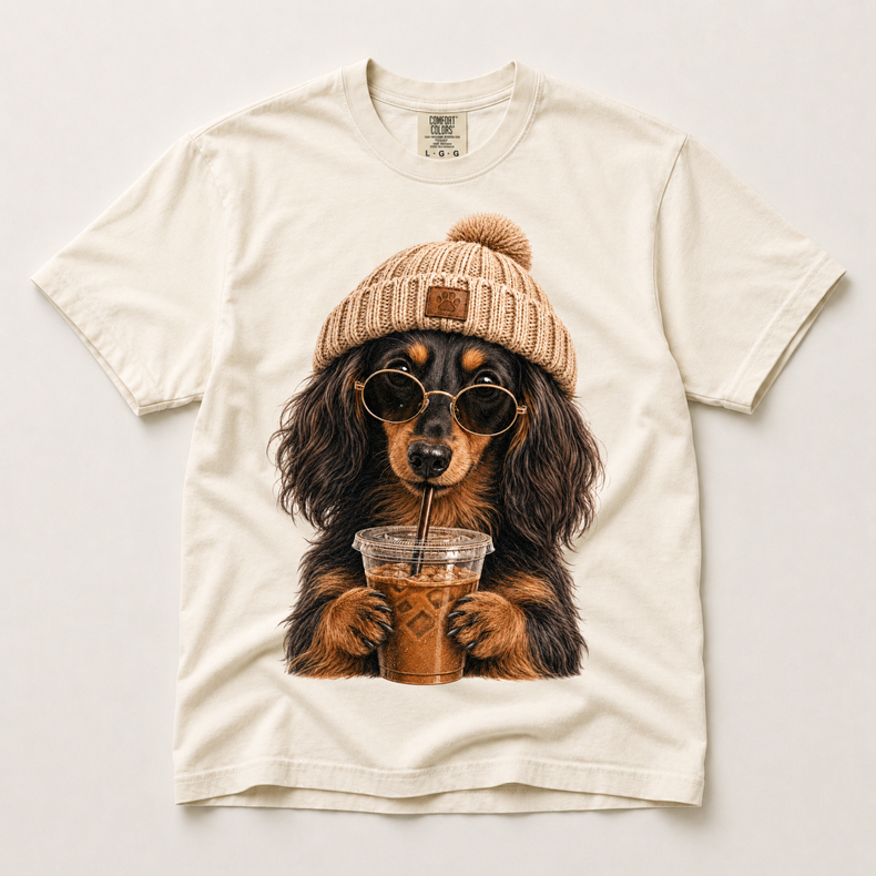 Long Haired Dachshund Iced Coffee Shirt, Funny Wiener Dog Mom Tee, Comfort Colors